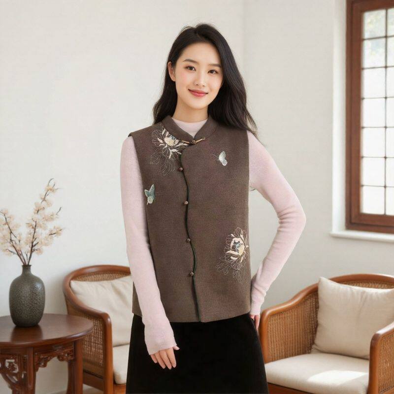 新中式立领刺绣马甲女无袖坎肩国风减龄洋气马夹2026春季新款上衣