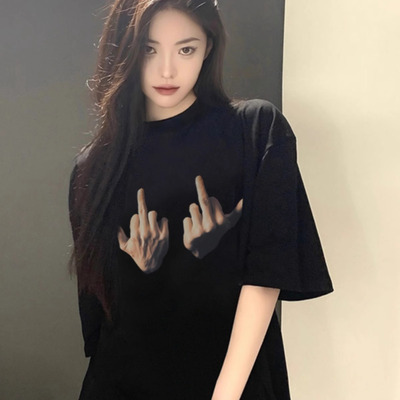 纯棉美式中指印花黑色短袖t恤女