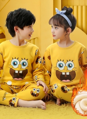 儿童冬天睡衣加绒加厚女童保暖套装男童卡通内衣长袖家居服童装