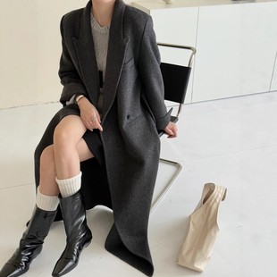 式 款 加厚保暖羊毛毛呢外套 腰带垫肩西装 正肩简约双面羊毛大衣长款