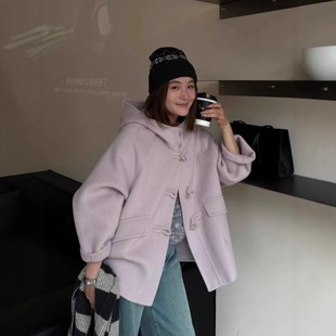 连帽慵懒风宽松双面羊毛大衣女加厚保暖牛角扣羊毛毛呢外套秋冬