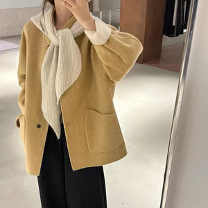 可拆卸针织围巾2024新双面羊毛外套小个子宽松羊绒双面大衣女宽松