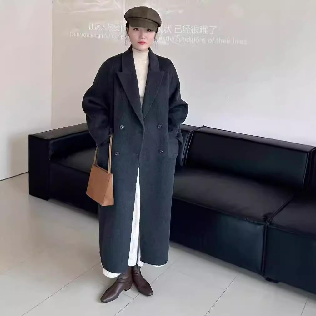 高级感西装领黑色宽松显瘦双面羊毛大衣加厚保暖长款毛呢黑色外套