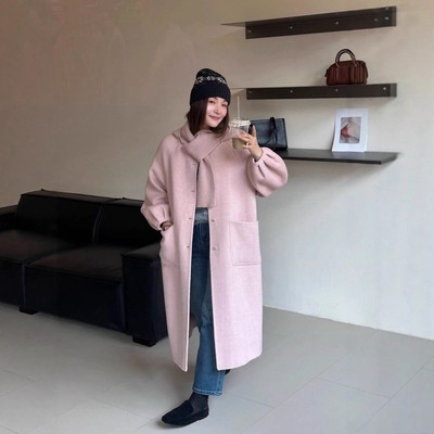 粉色连帽双面羊毛大衣女长款