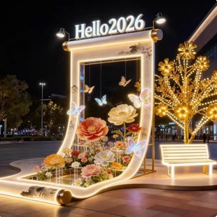 新款主题画卷卷轴主题商业美陈装置蝴蝶花朵商场灯光亮化装置定制