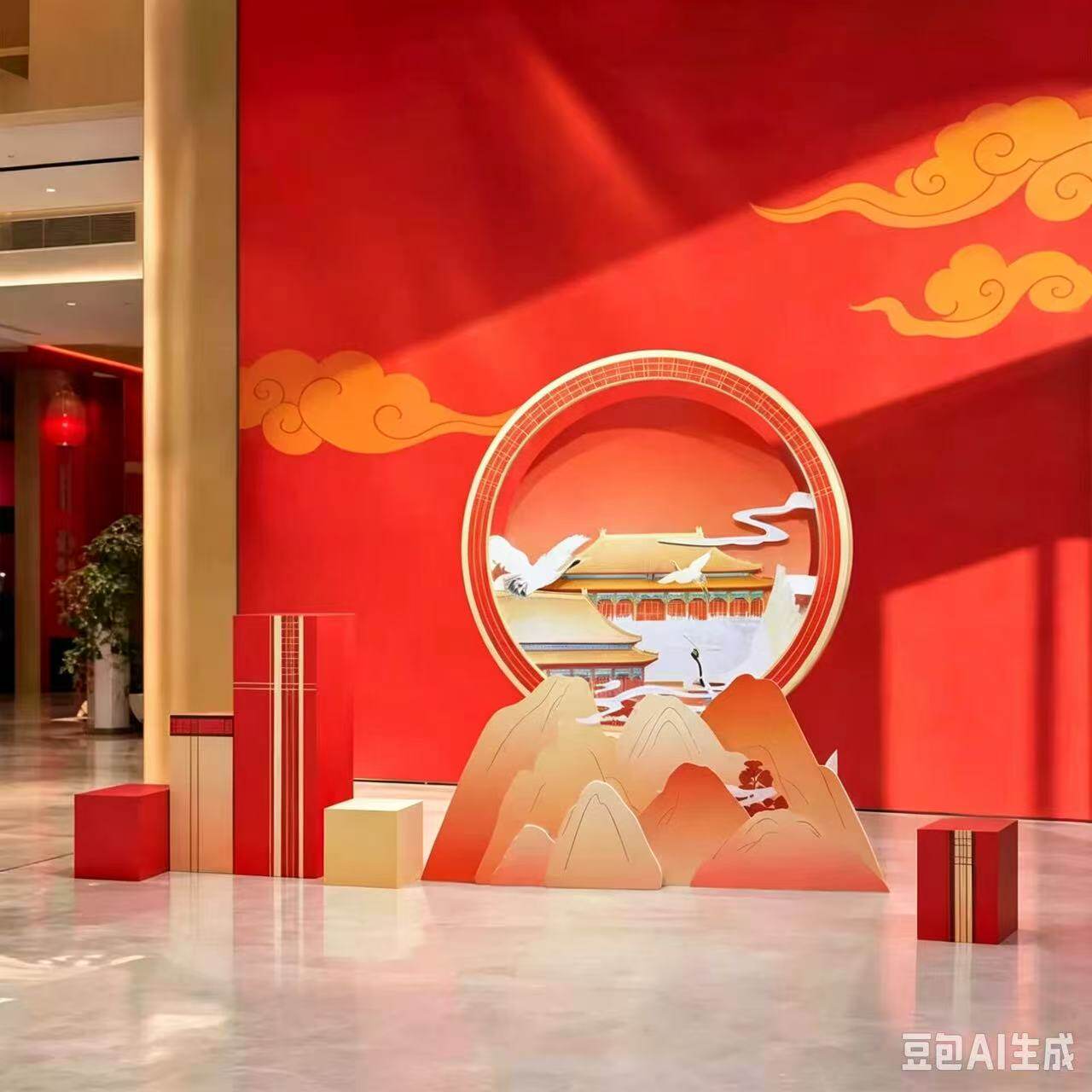 新中式故宫商场橱窗创意装饰场景布置打卡氛围美陈道具活动陈列柱