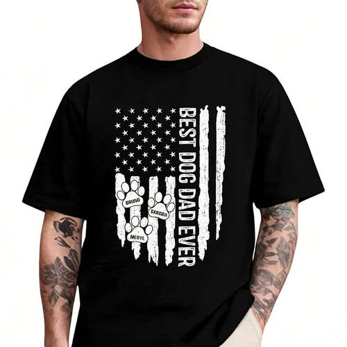 Custom Best Dog Dad Ever American Flag T-Shirt Personalized