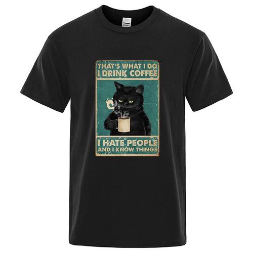 Men's T-shirt High Quality Cotton Blend Funny Cat Drinking C