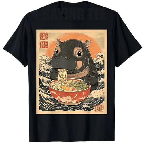Moo Deng Hippo Eat Ramen for Japanese Style T-Shirt Cute Car
