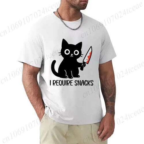 Summer Men's Tee T-shirt Clothes I Require Snacks Black Cat