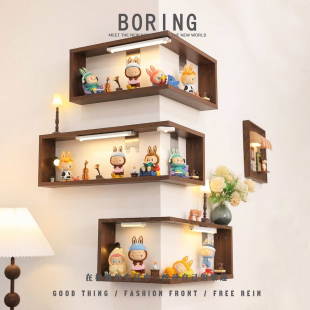 拉布布转角盲盒收纳展示架带灯手办陈列柜家用免打孔上墙乔迁礼物