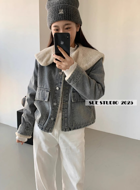 SUE高级感毛毛领长袖牛仔外套韩系翻领水洗做旧绒里保暖上衣97161