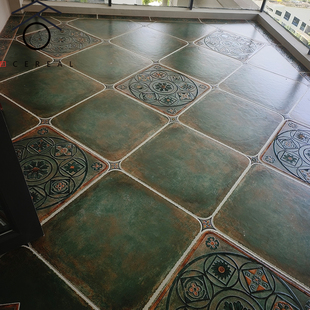 美式复古做旧墨绿色圆角地砖客餐厅仿古砖卫生间厨房阳台瓷砖600