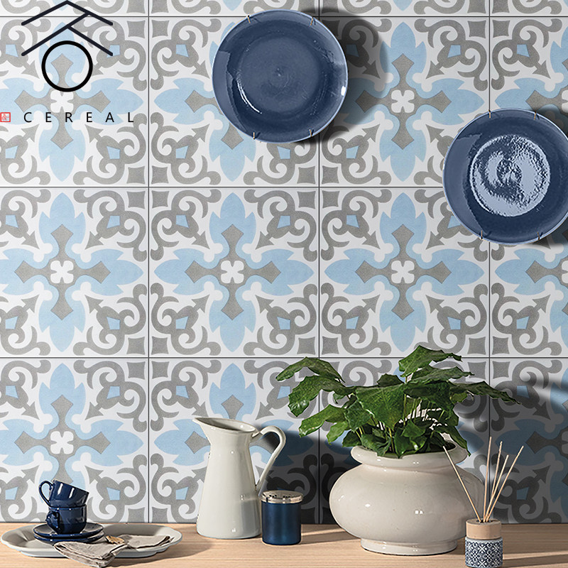 蓝灰色拼花小花砖卫生间浴室全瓷地砖厨房阳台玄关花片瓷砖200