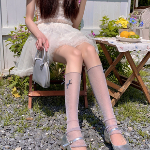 韩系甜美超薄银丝蝴蝶结网纱中筒堆堆袜miu系芭蕾风小腿袜套 夏季