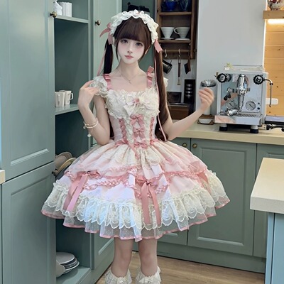 梦呓蝶Lolita裙洛丽塔风蛋糕裙蕾丝蝴蝶结吊带连衣裙甜美少女JSK