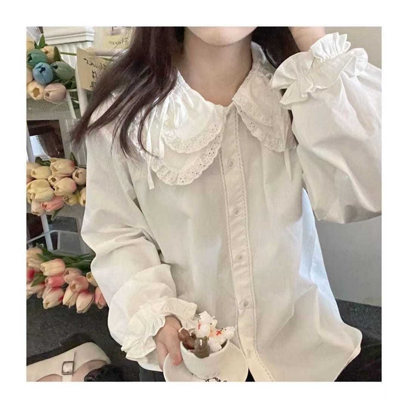 lolita内搭衬衫秋季日系软妹可爱蕾丝花边娃娃领系带长袖上衣打底