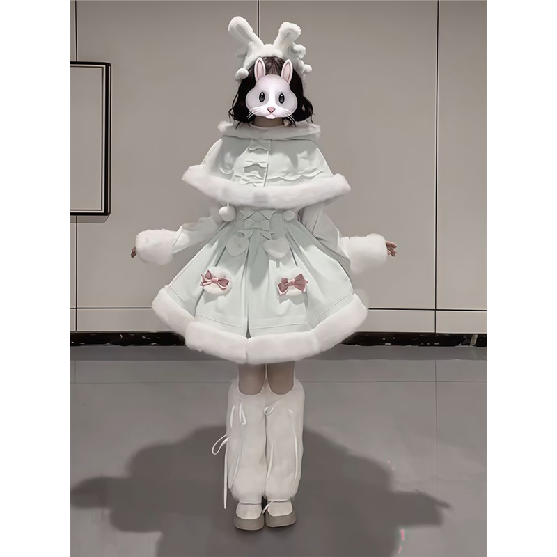 【绒绒奶糖】日系Lolita可爱冬季穿搭套装女兔耳斗篷+蝴蝶结裙子