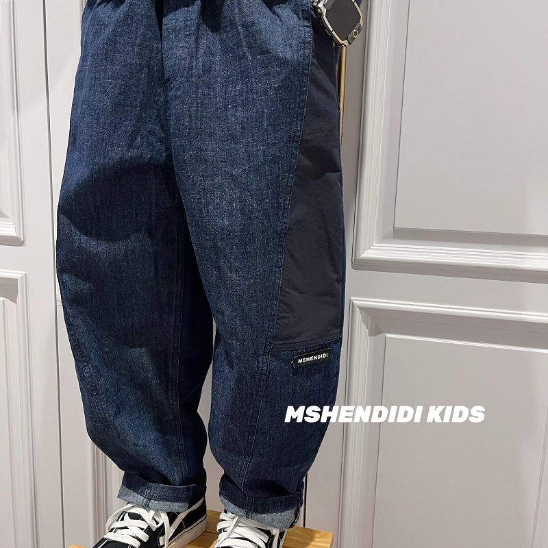 Mshendidi◆2025深蓝牛仔拼接卫裤面料 儿童长裤松紧腰男女童装秋