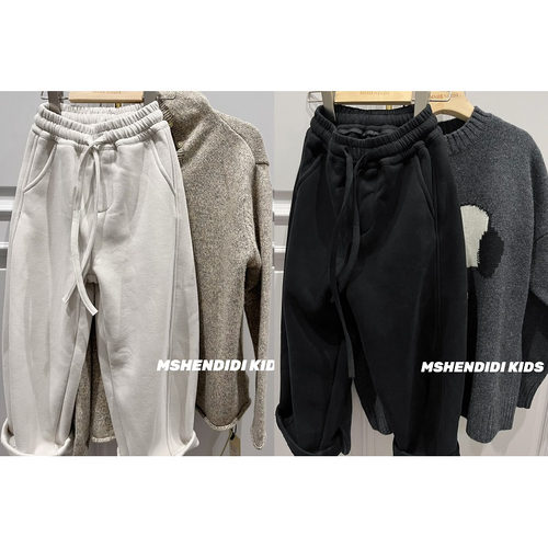 儿童冬款一体绒束口针织运动裤25冬纯色全棉休闲百搭男童加厚卫裤