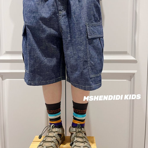 MSHENDIDI韩版童装2026夏季新款儿童深蓝色纯棉牛仔工装裤短裤潮