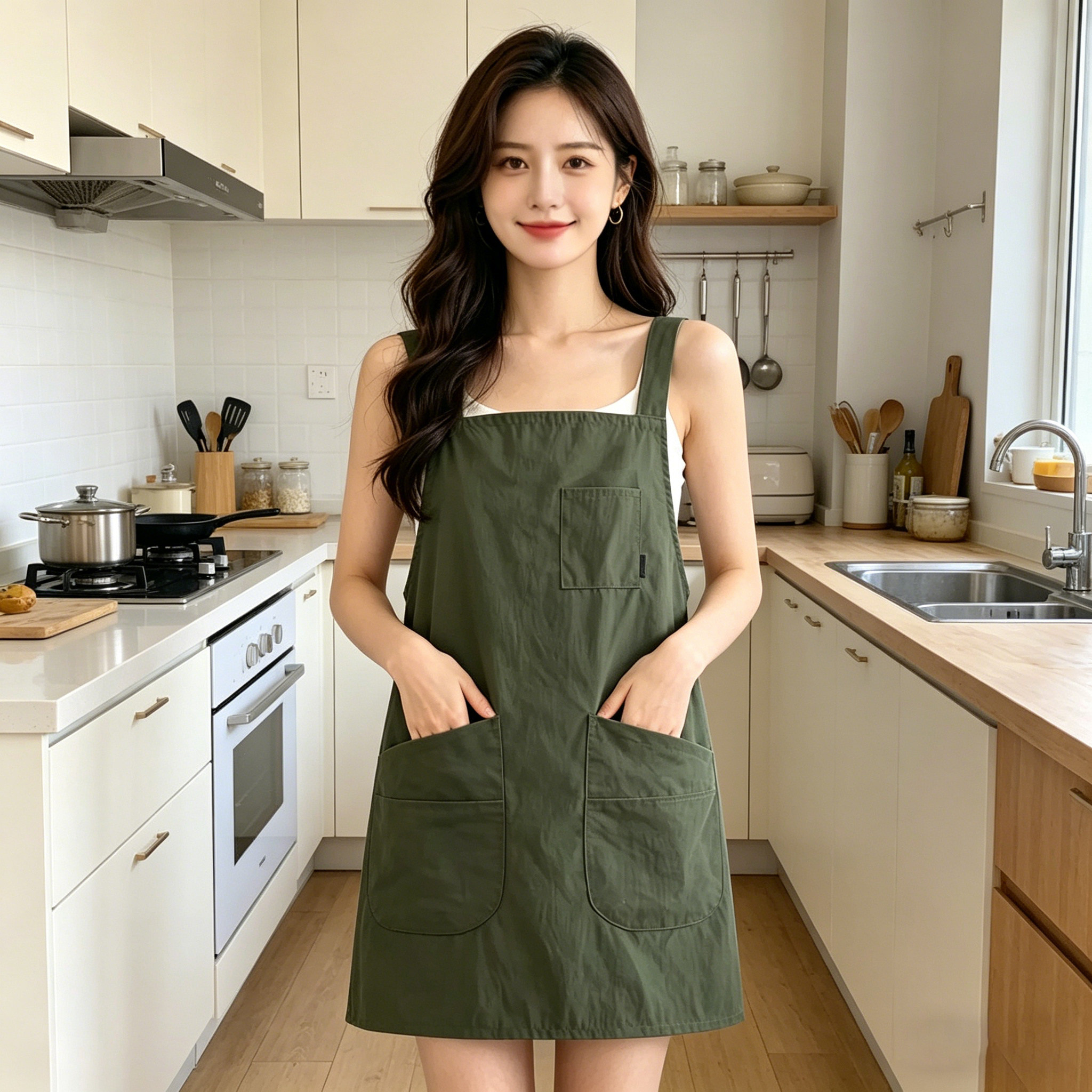 新款多口袋围裙女定制logo餐饮专用厨房围腰成人工作服透气防泼水