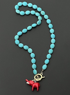 日本品质小象绿松石项链法式高级感小众精致红色珐琅椭圆复古串珠