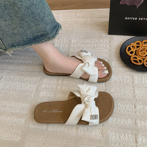蝴蝶结平底凉拖鞋女夏外穿海边沙滩一字拖绝美不累脚软底贵妇拖鞋