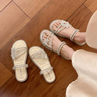 Flat slippers for women's summer outerwear with a high-end look 2026 new style beach bow crystal diamond paired with skirt and sandals thumbnail 6