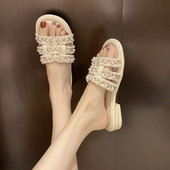 平底时尚 小香风珍珠拖鞋 女外穿2025夏新款 绝美海边沙滩凉拖一字拖