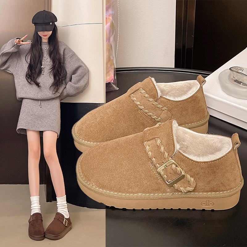 加绒勃肯鞋女鞋冬2025新款一脚蹬雪地靴博肯平底棕色全包乐福棉鞋