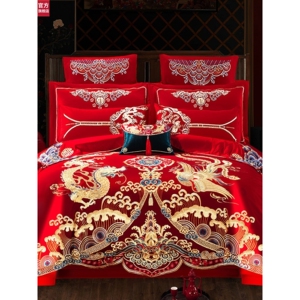 正品牌梦洁官方结婚四件套大红刺绣龙凤婚庆房嫁喜庆全棉被套床单