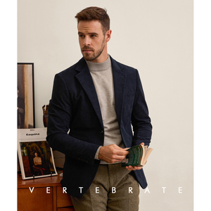 脊椎动物男装深蓝藏青色秋冬厚面料复古灯芯绒面料西服休闲西装