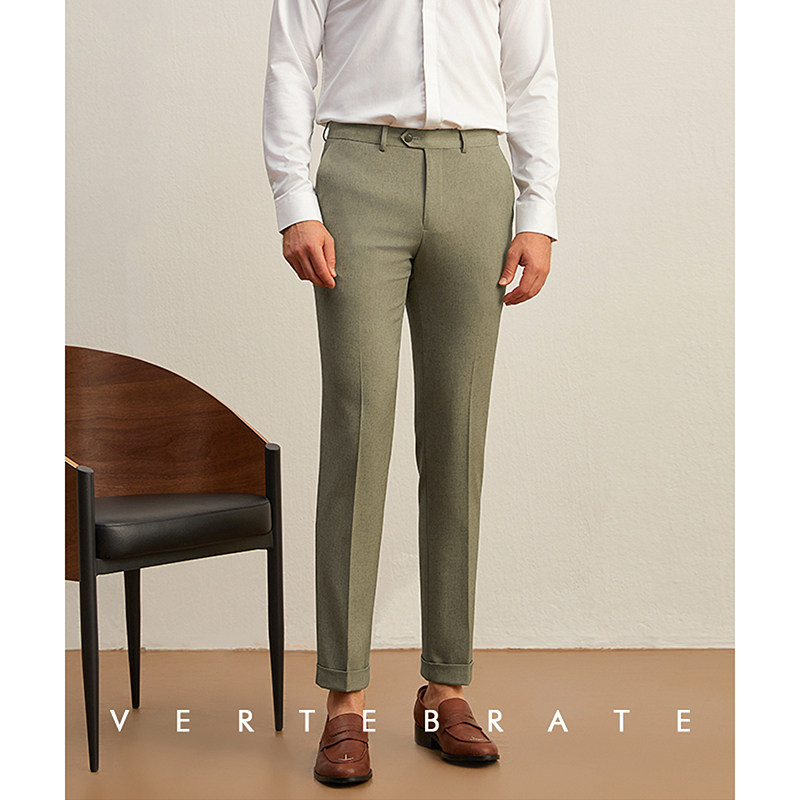 意式卷邊休閑西褲卡其綠十分褲