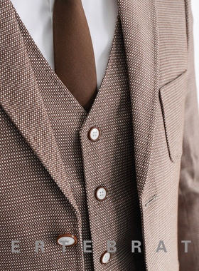 脊椎动物男装棕色提花面料商务绅士西装英伦复古范圆袋西服19023