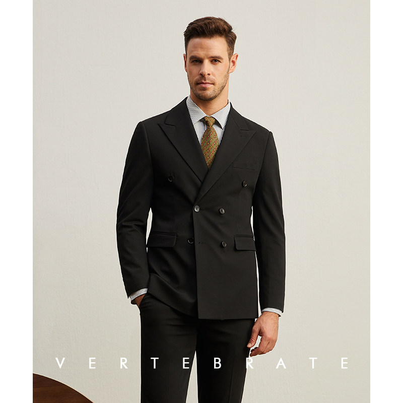 脊椎动物男装黑色挺阔面料经典双排扣修身西装欧美大气戗驳领西服