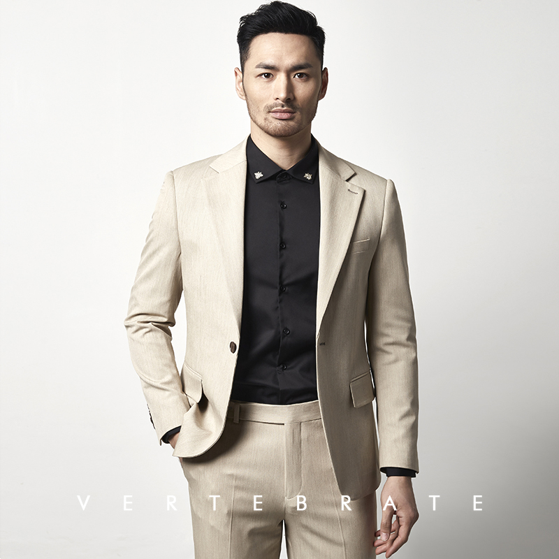 脊椎动物男装浅卡其混色暗纹一粒扣西服素雅气质男士西装大地色系