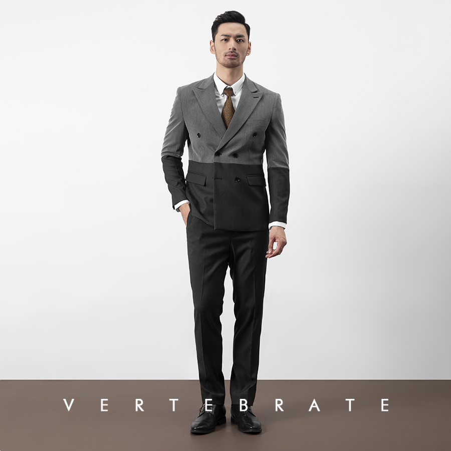 脊椎动物男装欧美街拍风格条纹拼撞素色灰色西装西裤两件套装个性