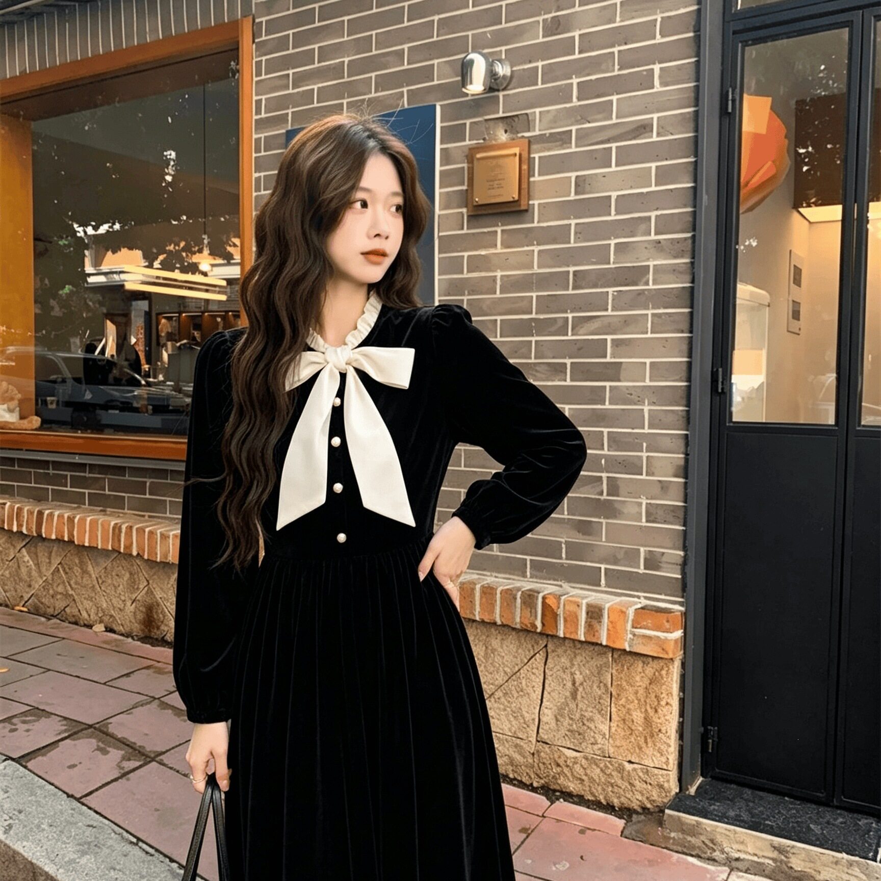 休闲大码加绒加春秋冬装法式蝴蝶结丝绒连衣裙女英伦风温柔风中裙