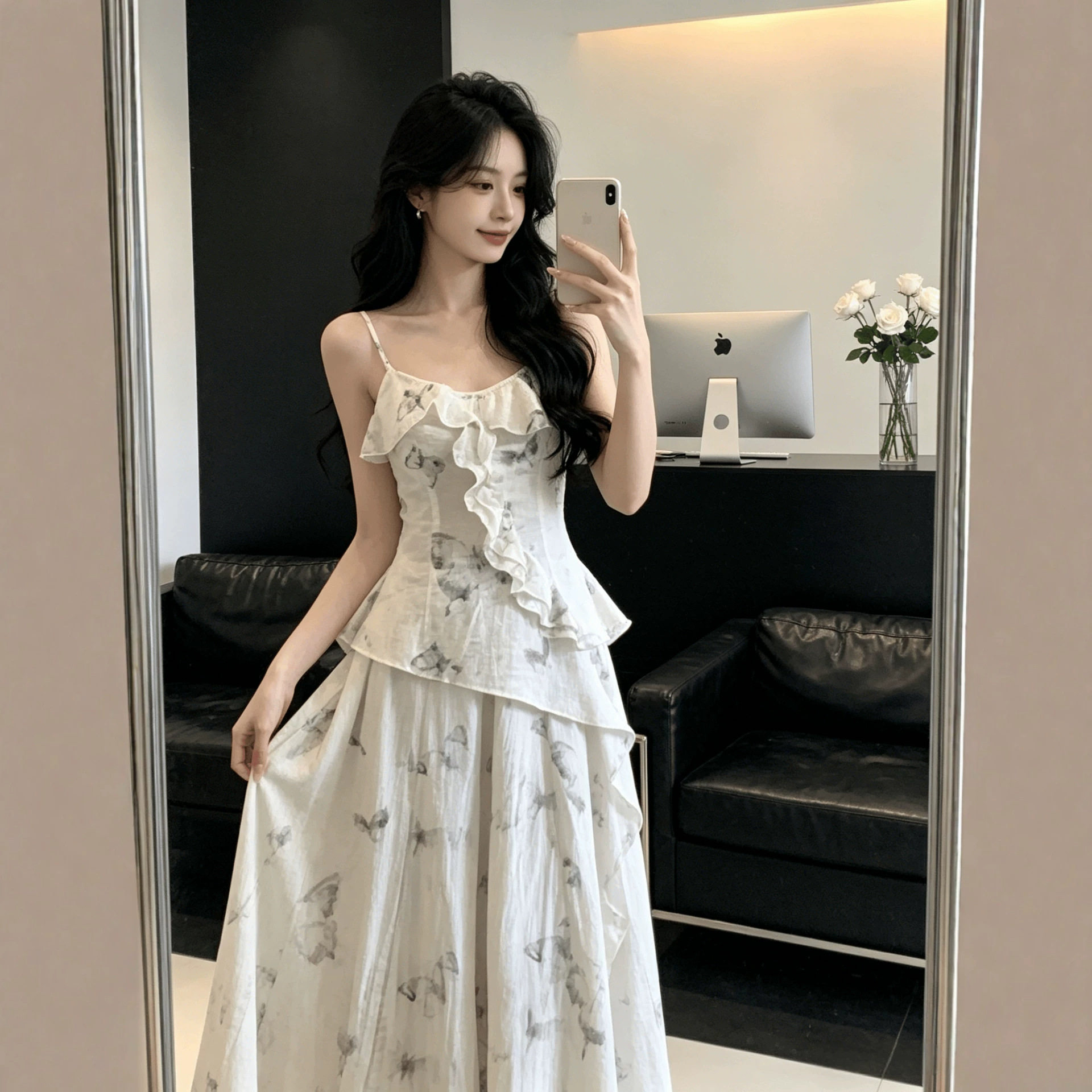 法式荷叶边水墨碎花吊带小个子时尚连衣裙子女夏季高级感仙女长裙