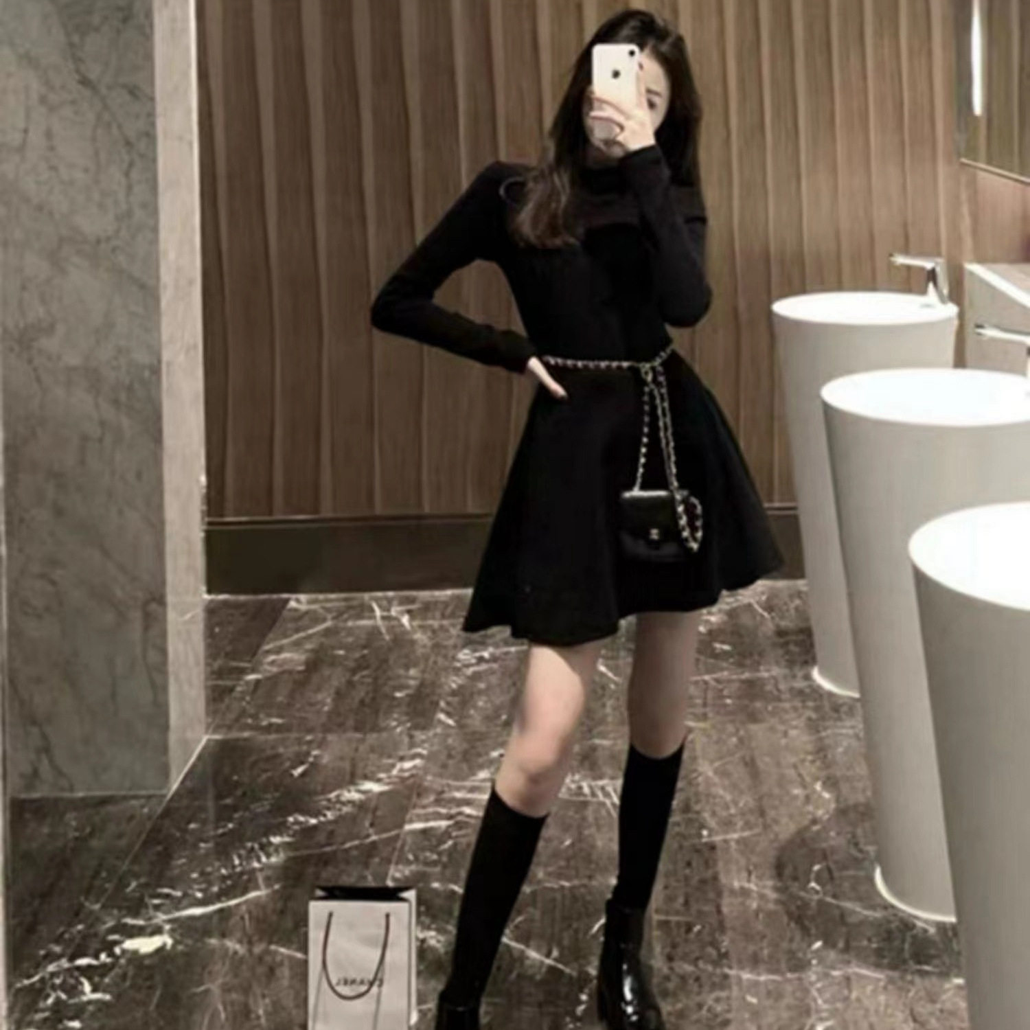 小个子半高领收腰内搭毛绒连衣裙女搭配大衣显瘦外穿打底短裙子