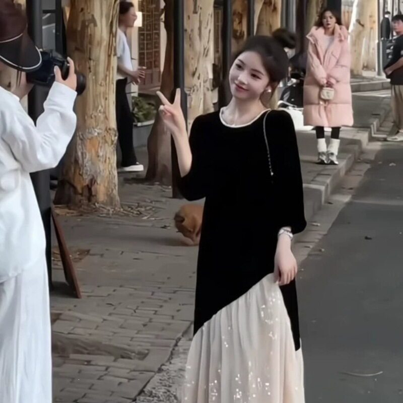 七分袖大码拼接女装连衣裙女秋季新款韩系感复古减龄气质长裙女装