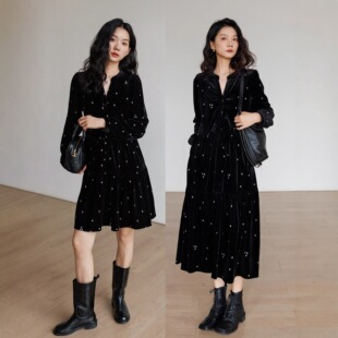 法式时尚简约星星印花大码宽松显瘦秋冬款修身长袖复古丝绒连衣裙