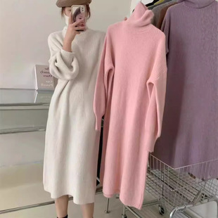 中长款柔软针织连衣裙秋冬打底毛衣高领长袖宽松内搭过膝连衣裙女