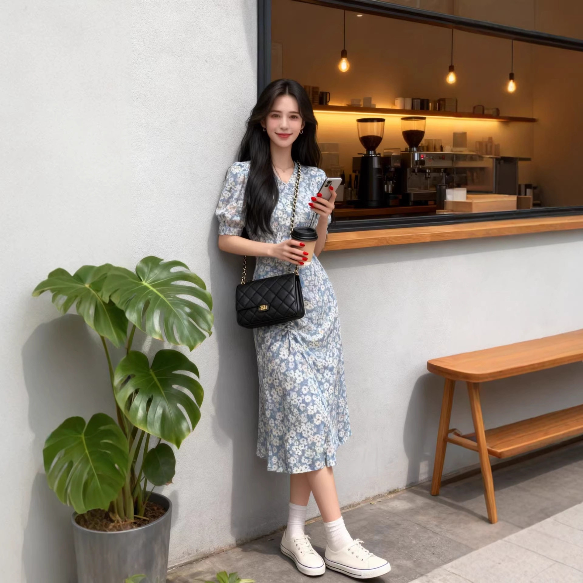 欧美风时尚新款女夏装法式港风复古雪纺长裙优雅款开叉碎花连衣裙