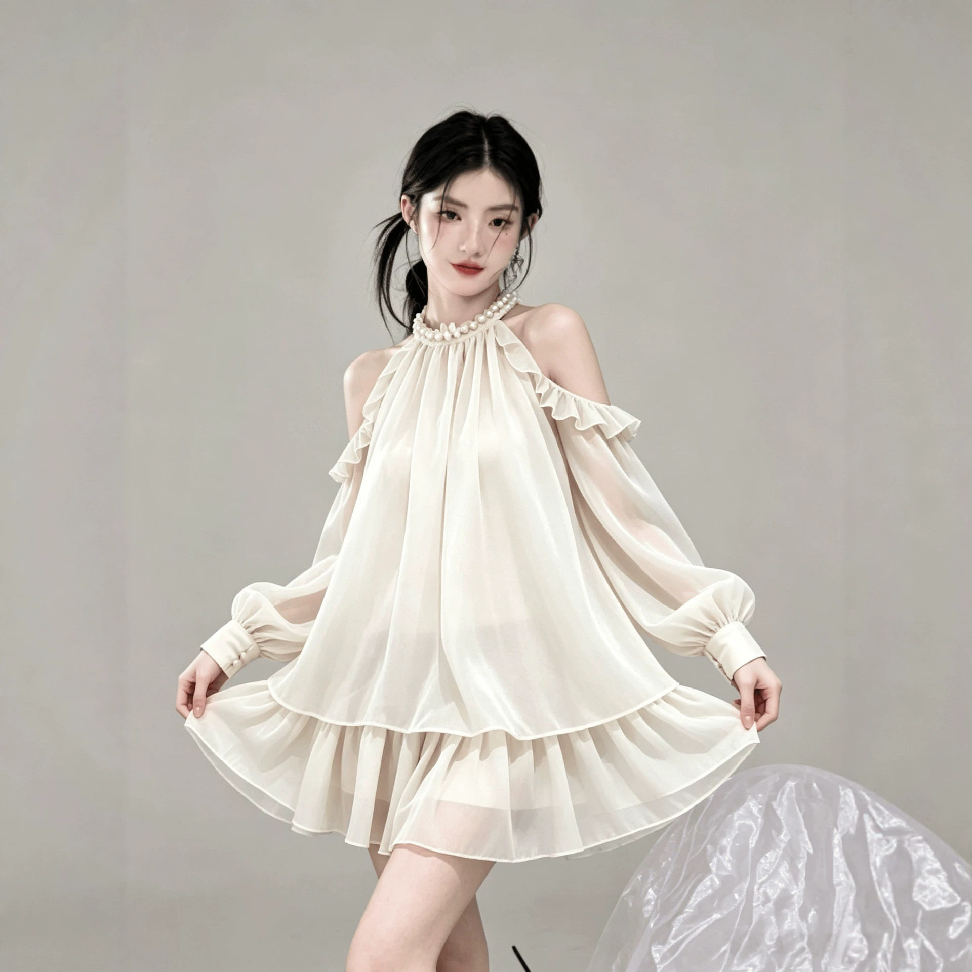 法式缎面露肩挂脖连衣裙女宽松仙女度假蓬蓬裙生日小礼裙小个子裙