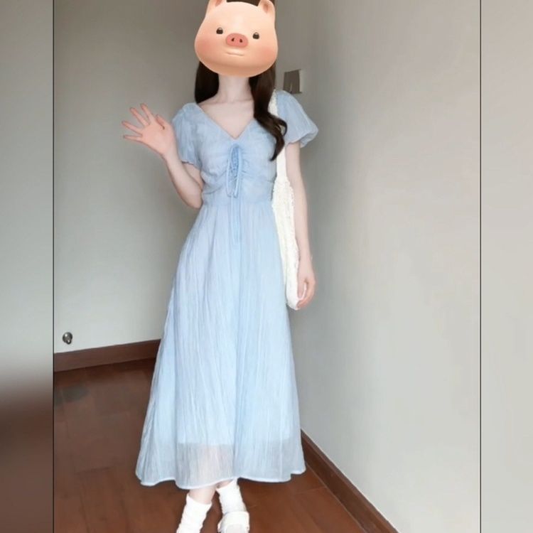 法式文艺系带修身蓝色泡泡袖连衣裙子小个子超仙女收腰显瘦长裙子