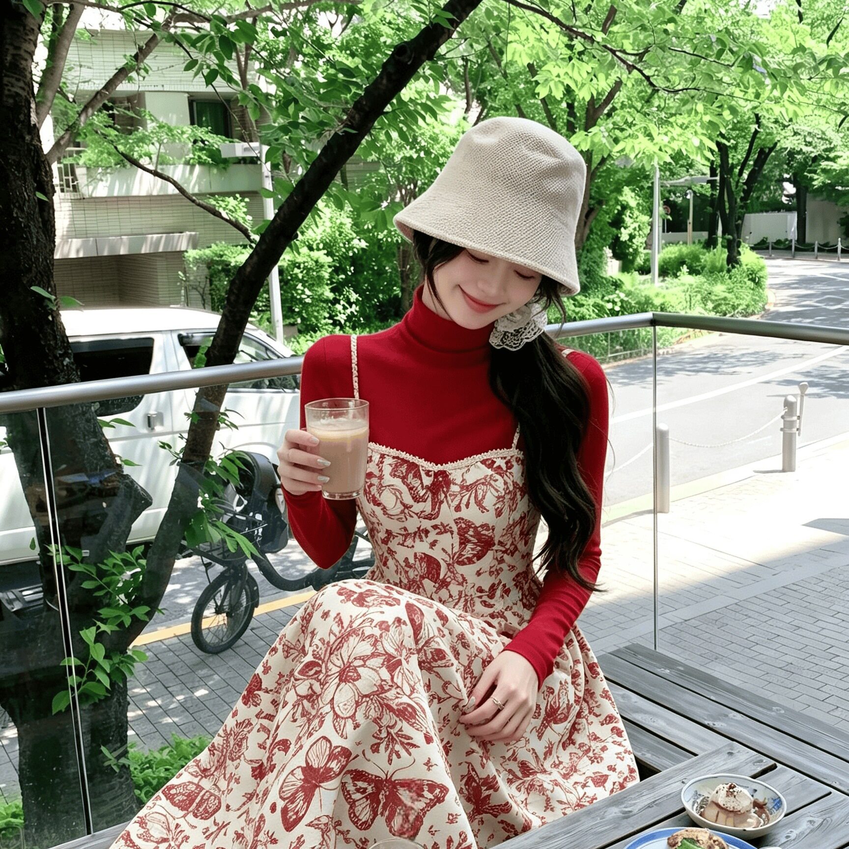春秋冬季新款吊带方领印花连衣裙女清新甜美显瘦碎花拼接长裙少女