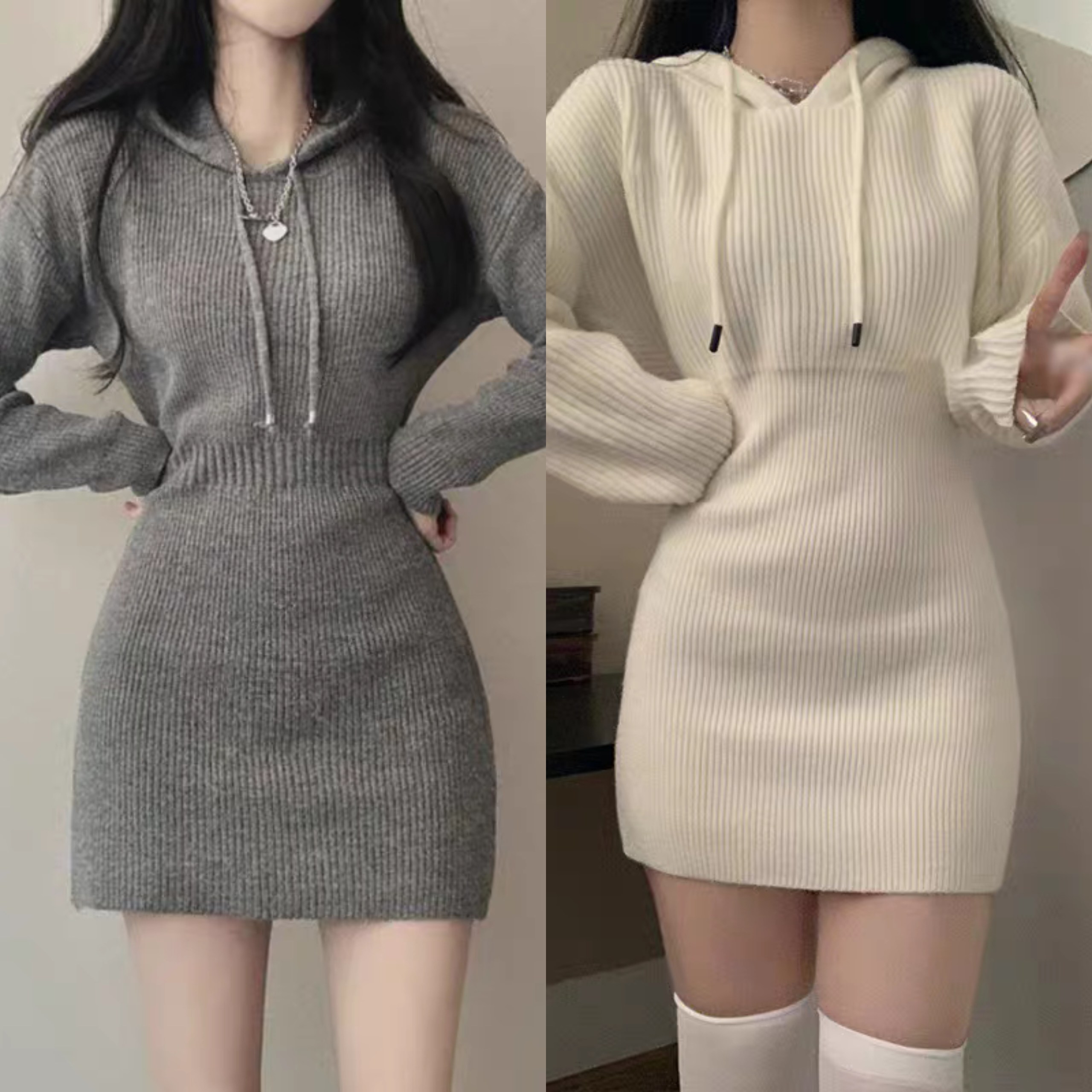 白色连帽针织连衣裙女2025秋冬新款收腰内搭毛衣裙打底包臀短裙子