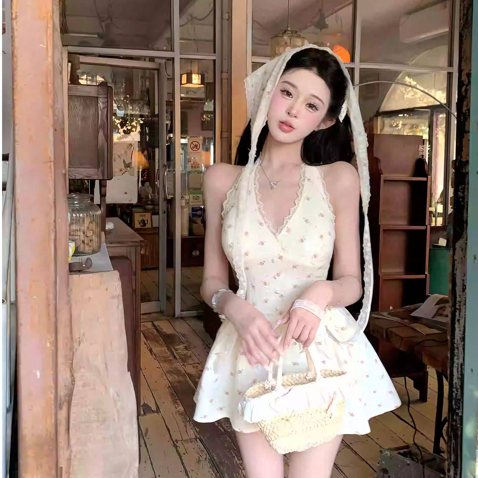 纯欲风甜美蕾丝花边V领挂脖连衣裙女春夏季收腰显瘦碎花A字短裙子